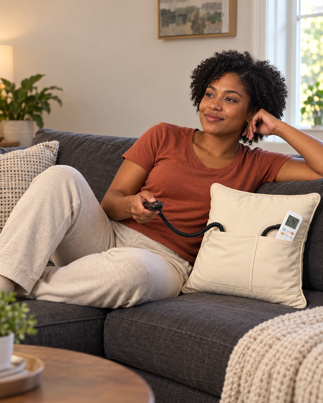 Clicker Keeper pillow holding a book, glasses and remote