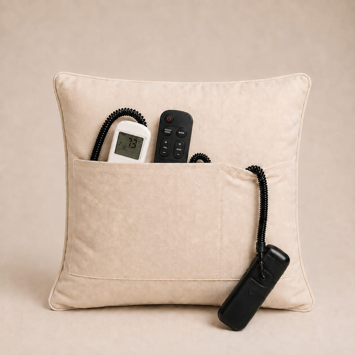 Clicker Keeper pillow holding remotes and everyday essentials